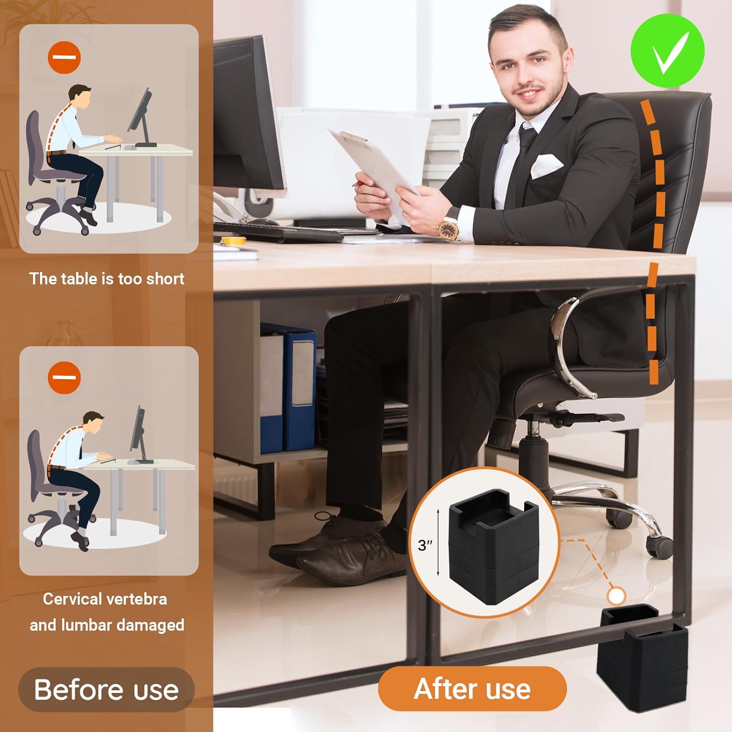 JONHWI3-Inch Bed Riser 4-Pack Set Heavy Duty Adjustable for couch desk and bed