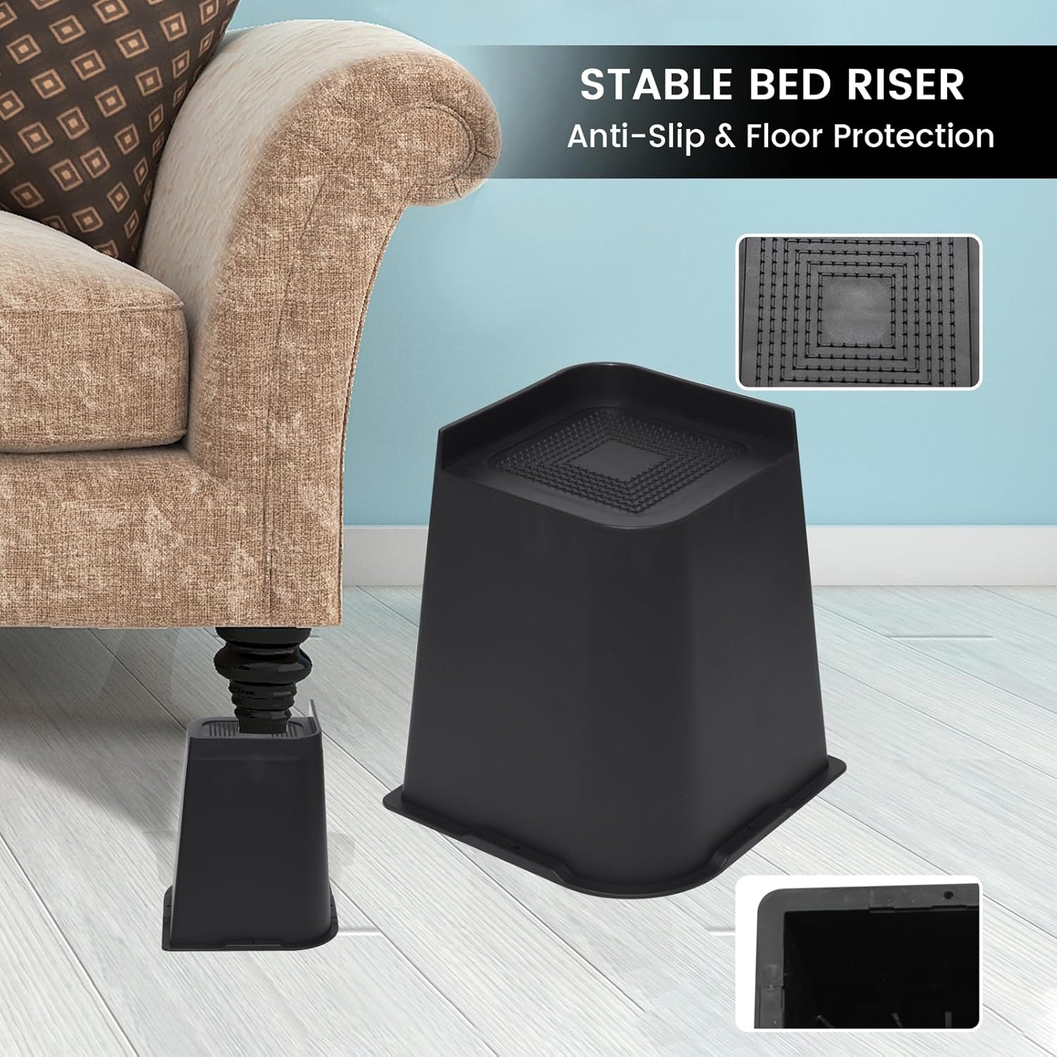 Industrial-Grade Bed Risers 8-Inch Rust-Proof for Sofa Table Chair Black 4-Pack