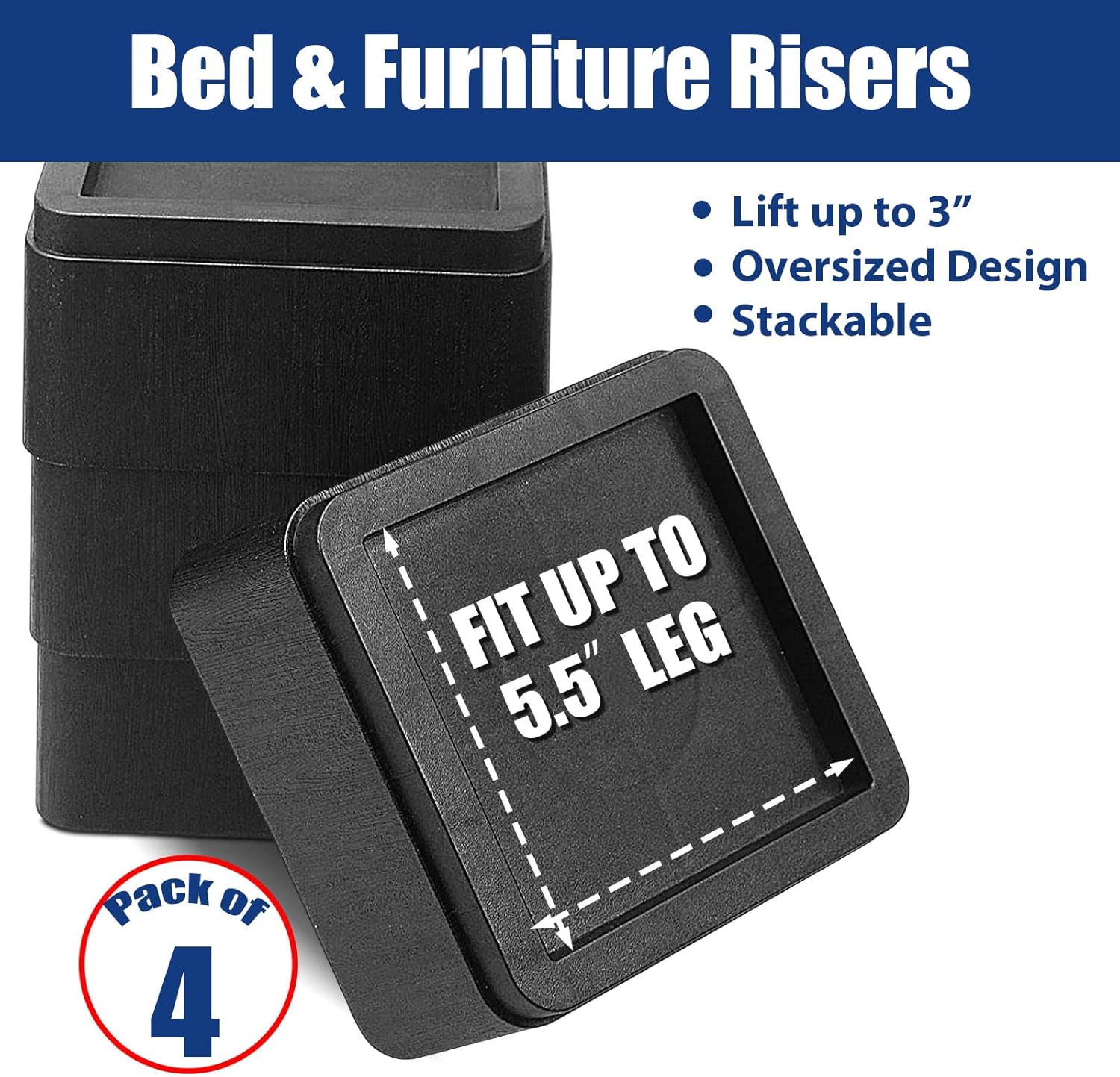 Premium 3-Inch Over_SIZE Bed Riser for 6000lbs with Stackable Design