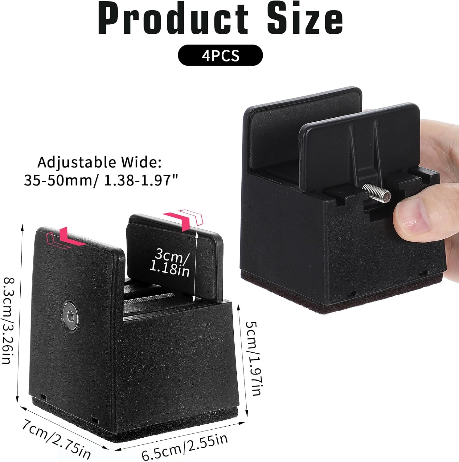 4 PCS 2 Inch Bed Risers Adjustable Furniture Risers Non-Slip Base 500Lbs Support Black