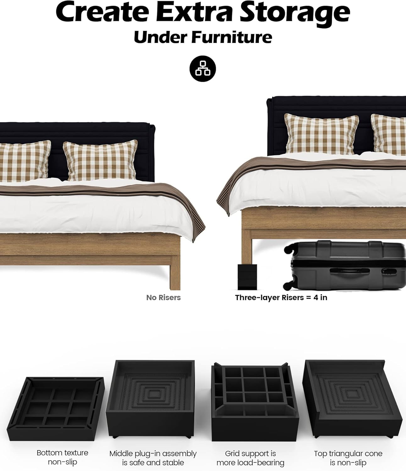 Furniture Risers Tclouda bed sofa desk chair legs fridge lift to 4 in - Black Square
