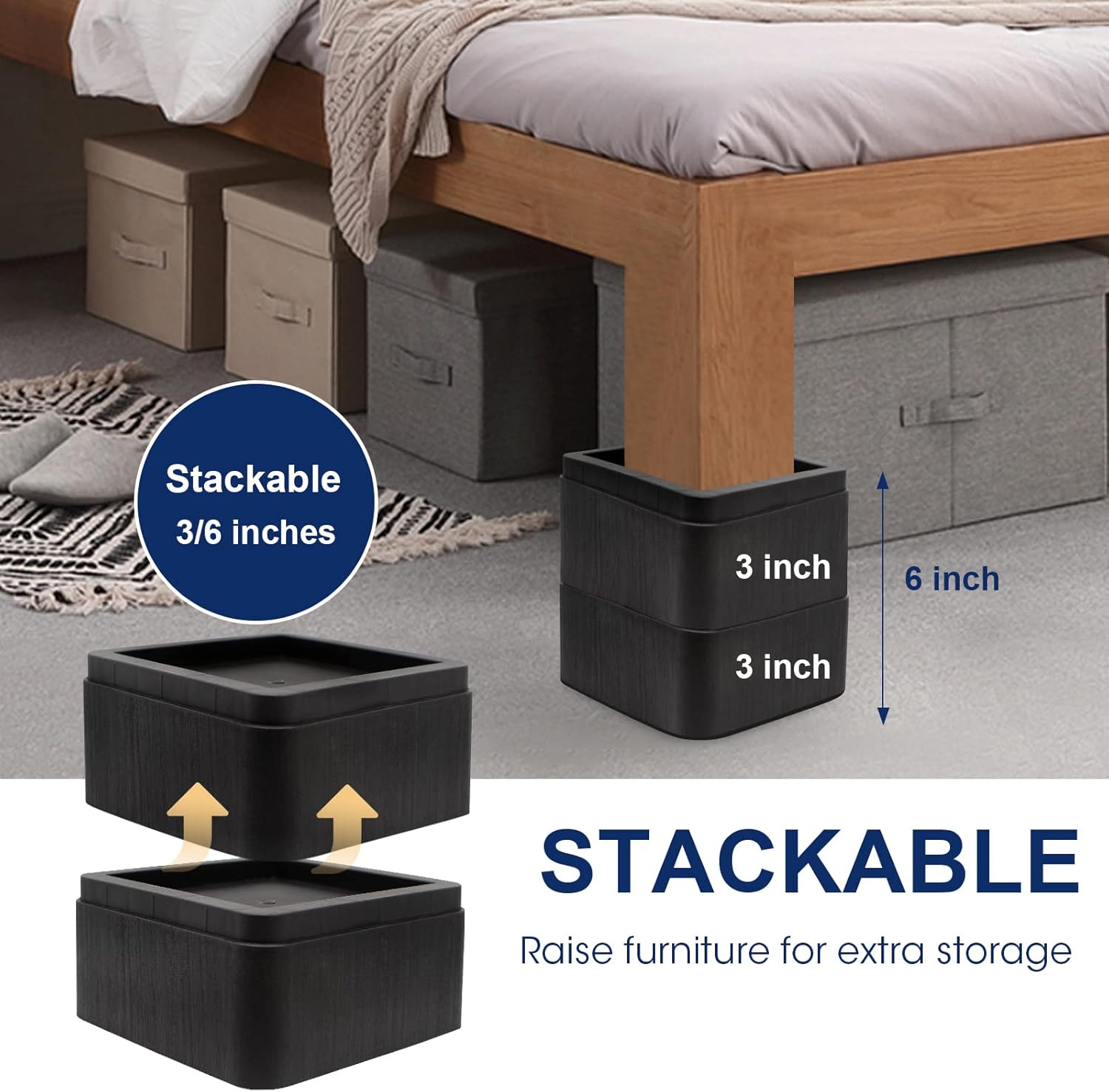 Premium 3-Inch Over_SIZE Bed Riser for 6000lbs with Stackable Design
