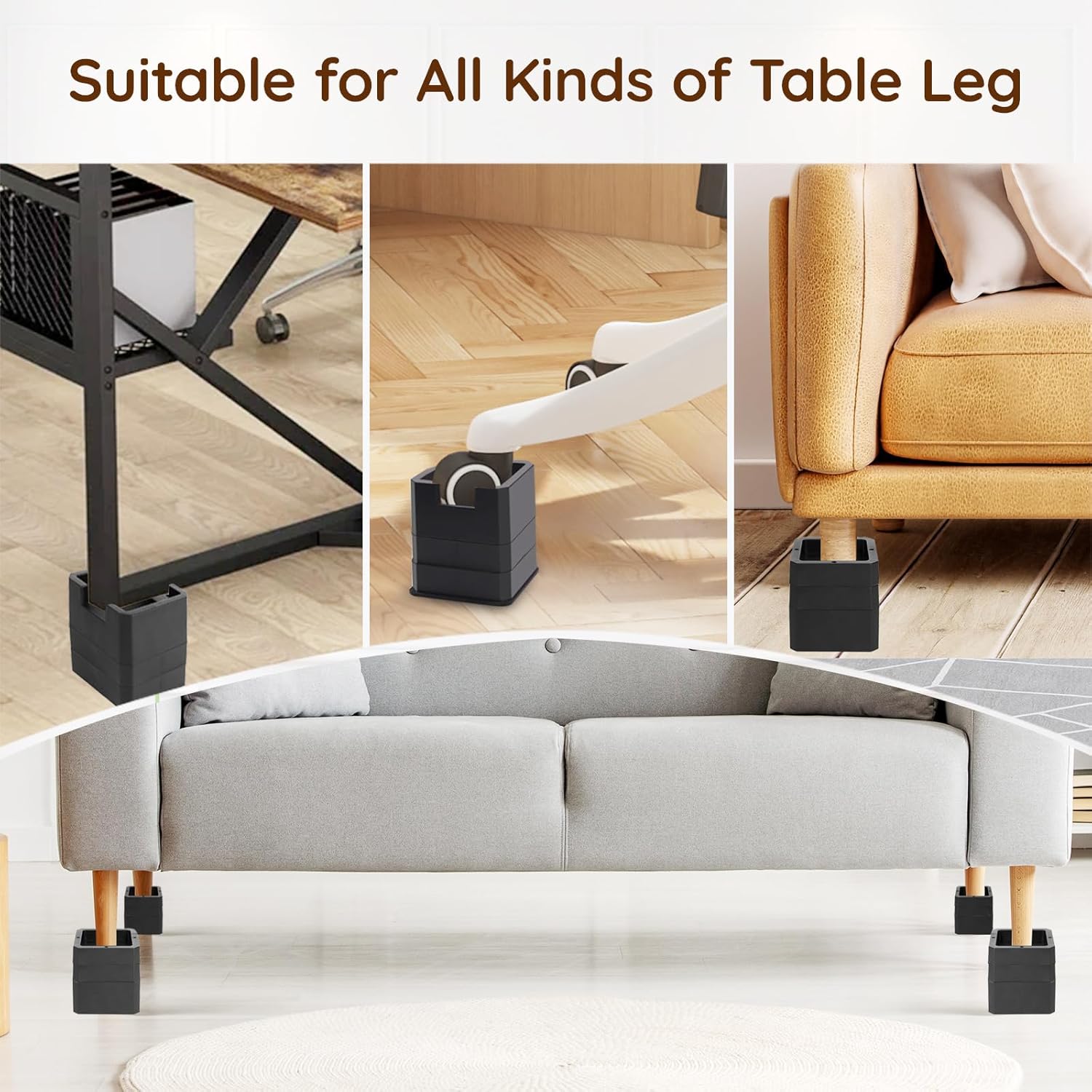 JONHWI3-Inch Bed Riser 4-Pack Set Heavy Duty Adjustable for couch desk and bed