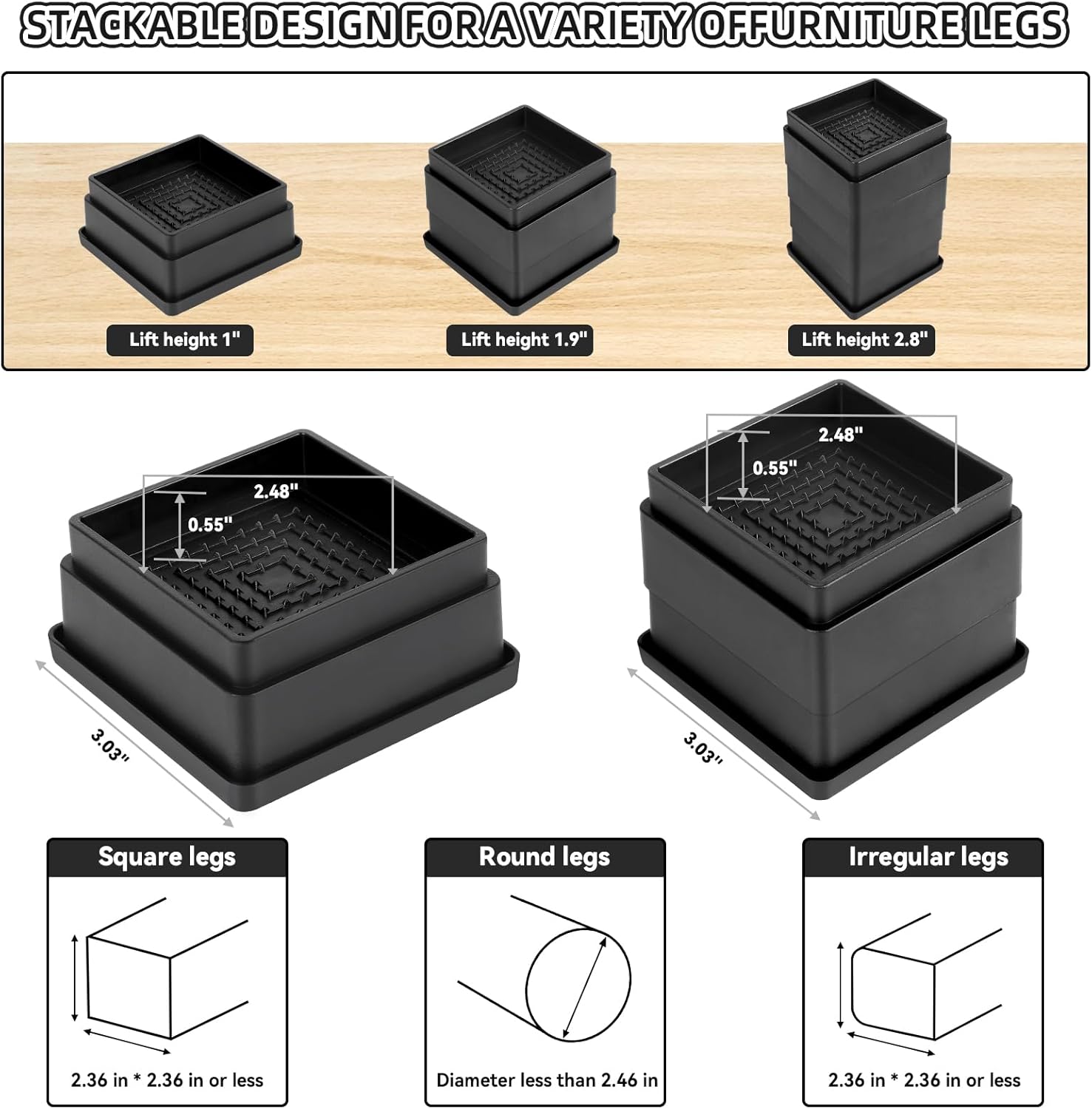 Adjust Your Bed - Stackable Elevation Risers with 4 Positions for Sofa Chair Tables 1-inch Adjustment