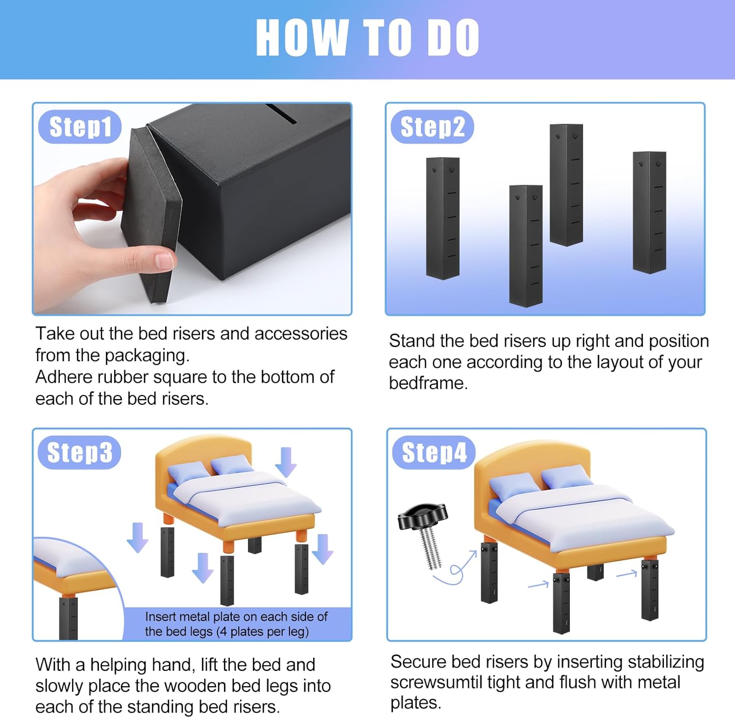 4 Pack Metal Bed Riser for Dorm Room 315 Inch Diameter Square Carbon Steel Adjustable Height Bed Risers