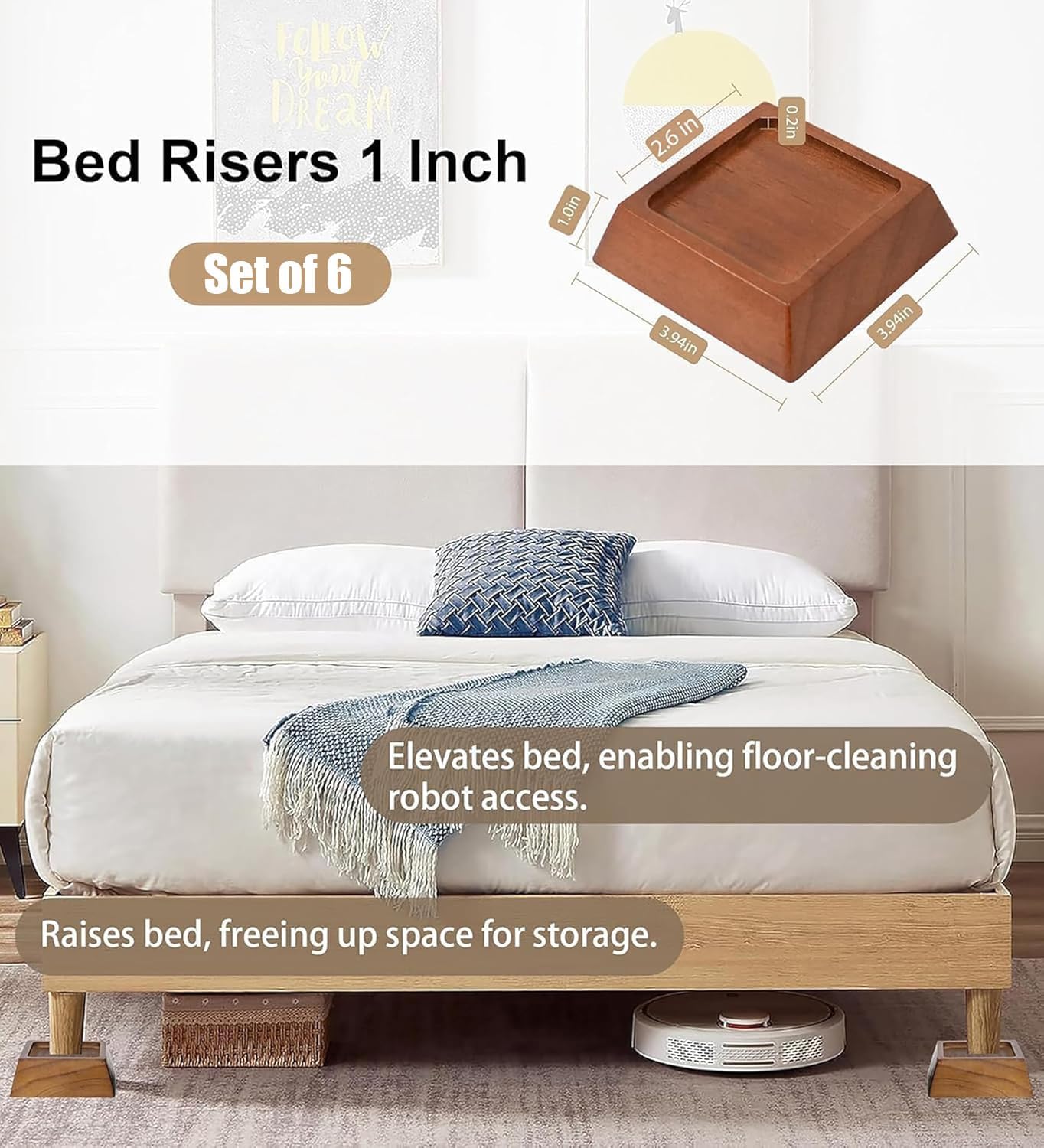 1-Inch Bed Risers for Sofa Desk or Bed Premium Pine Wood Sturdy Stylish 6-Pack