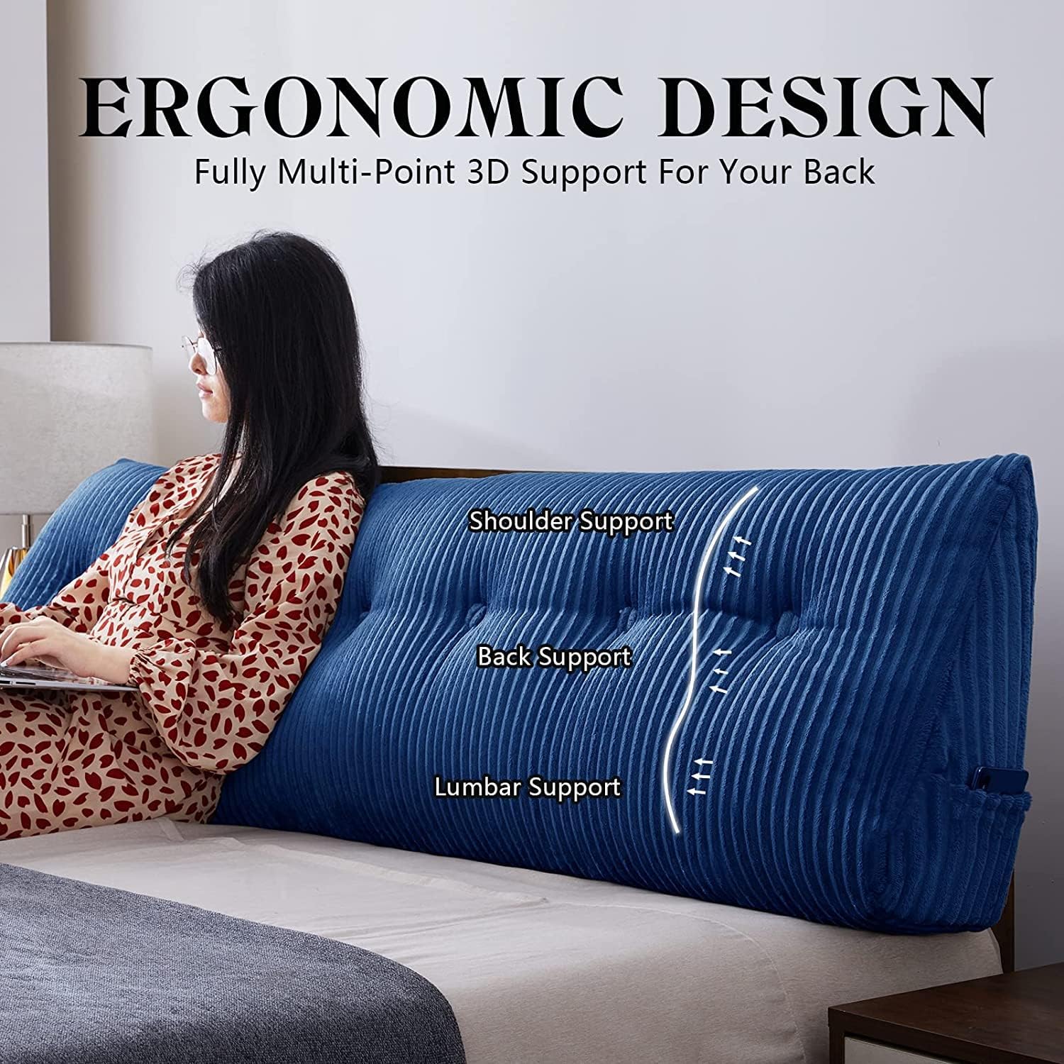 Large Headboard Pillow for Bed Rest Reading Bolster Support for Sitting Twin Size Blue