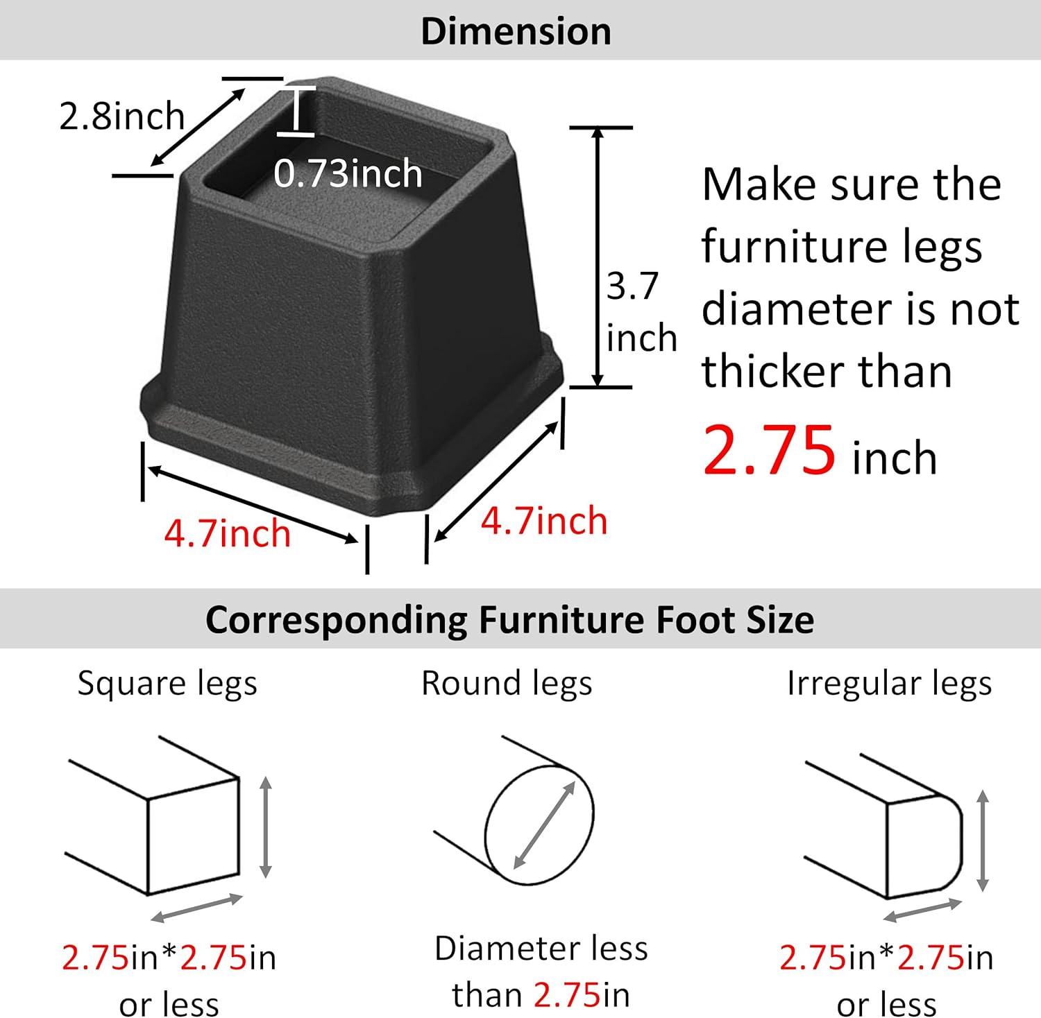 Whynonap Bed Risers Ultimate 3-Inch Heavy Duty Bed Elevators for Sofa Table Furniture Set of 6 for Up to 3000 Lbs Black