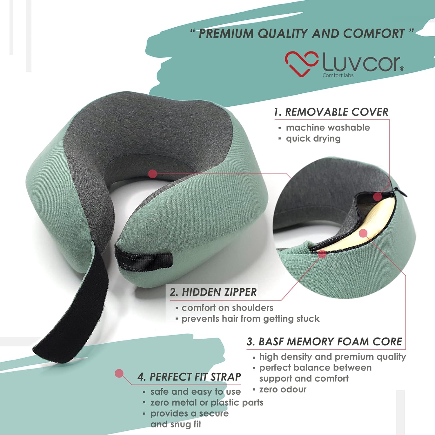Perfect Memory Foam Travel Neck Pillow - Ergonomic Design Compact Comfortable Imperial Green