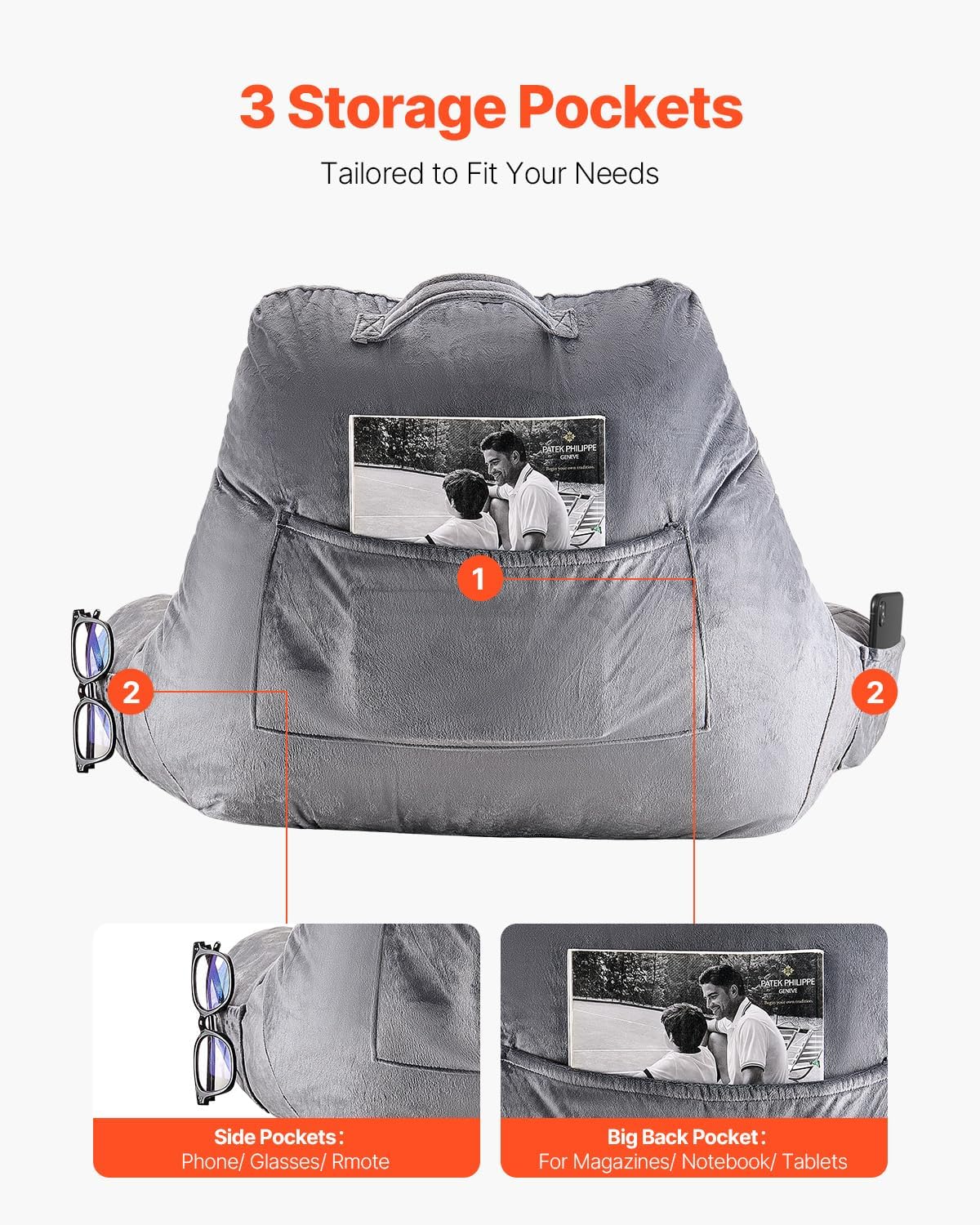 VEVOR Ergonomic Back Pillow for Reading and Gaming Standard Size Memory Foam Comfort Dual Zips