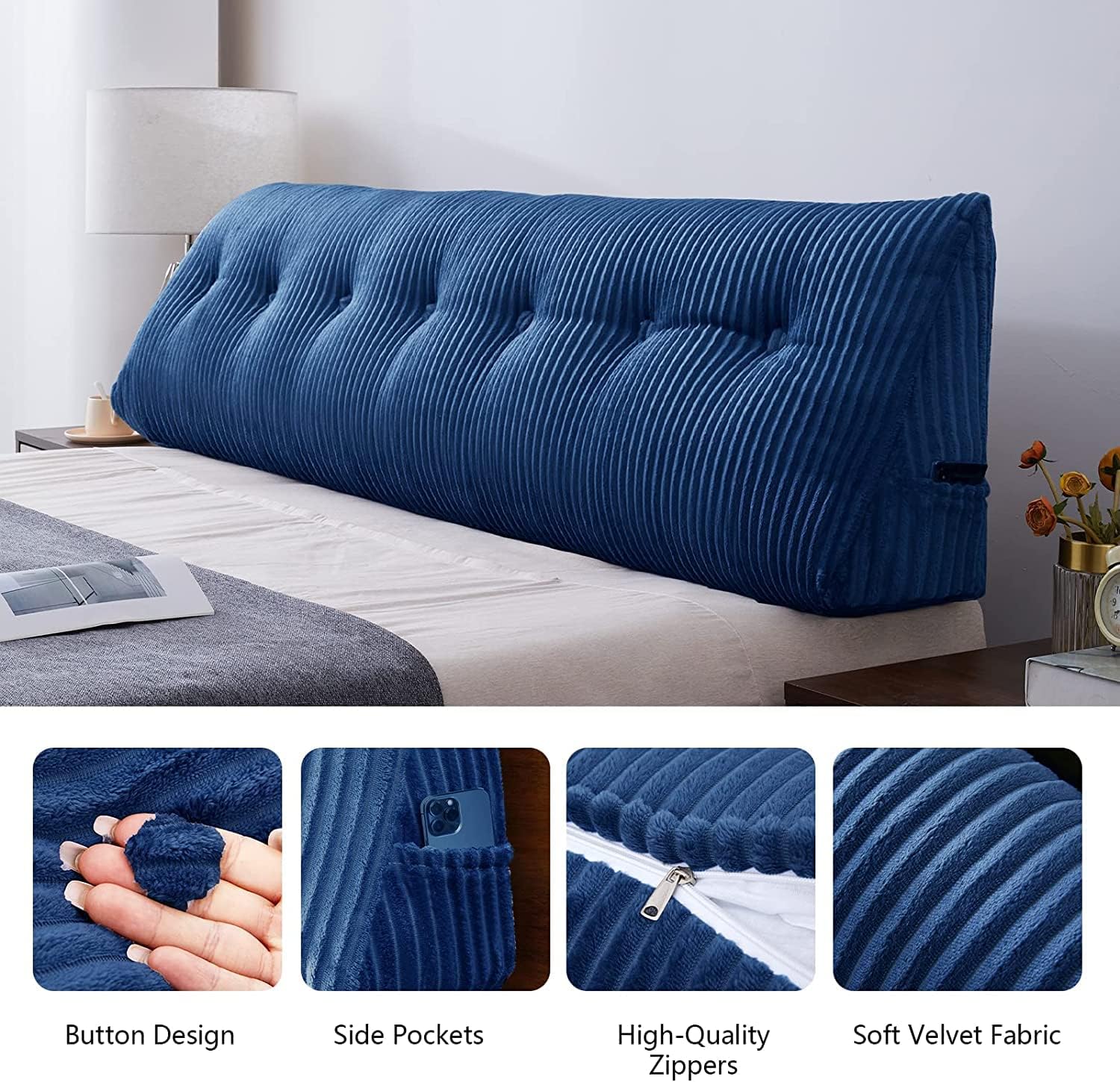 Large Headboard Pillow for Bed Rest Reading Bolster Support for Sitting Twin Size Blue