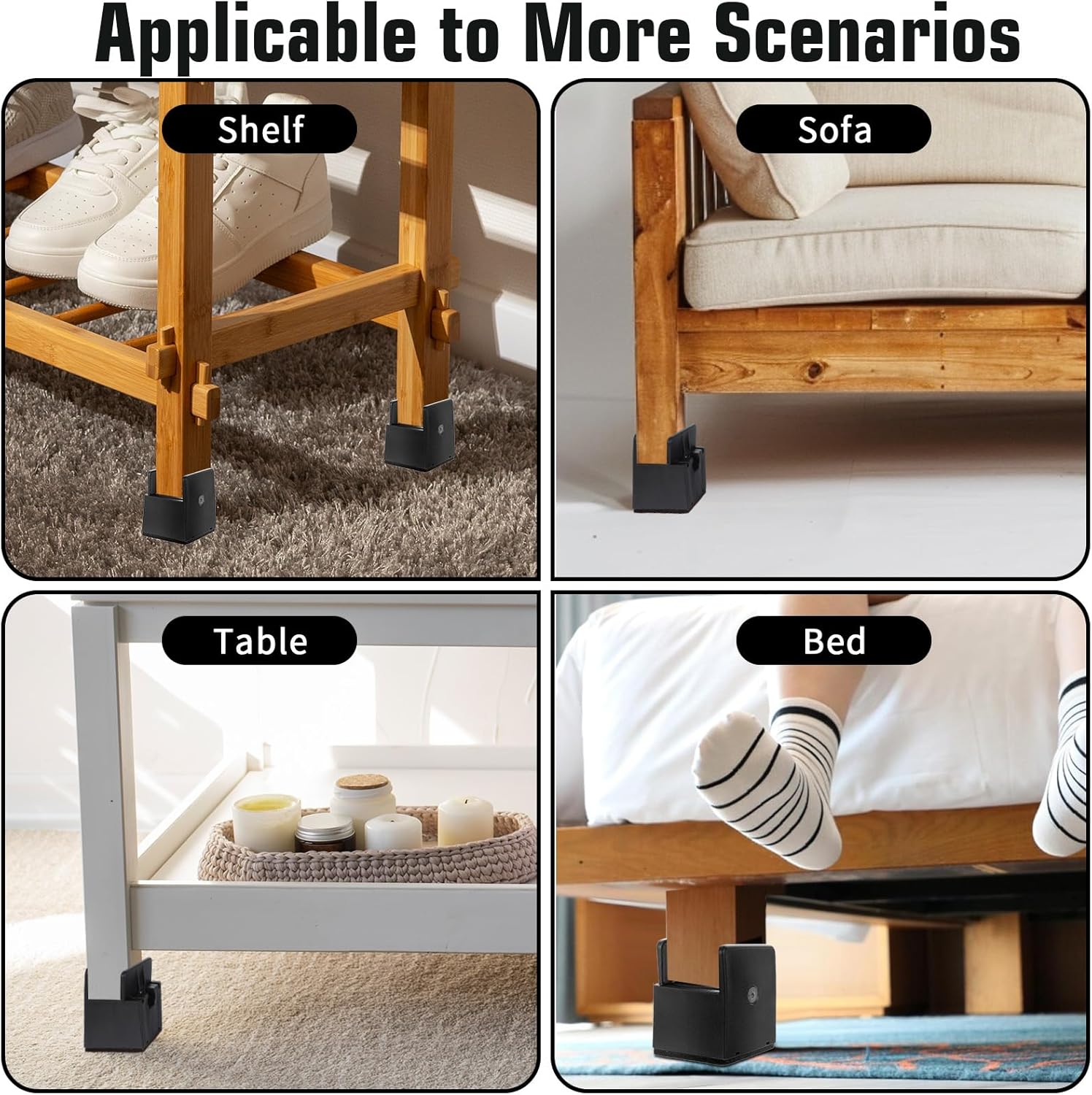4 PCS 2 Inch Bed Risers Adjustable Furniture Risers Non-Slip Base 500Lbs Support Black
