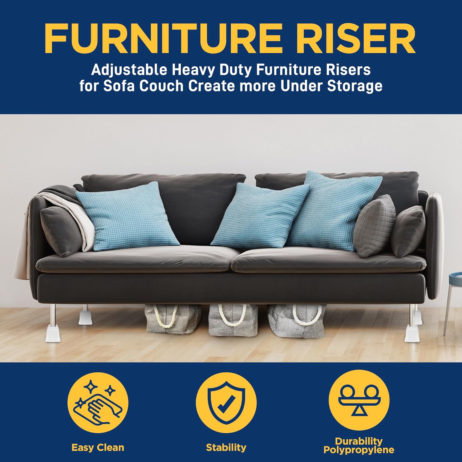 8pcs Bed Risers Set - 35 Inch Adjustable Heavy Duty Furniture Risers for Sofa Couch and Under Bed Storage White