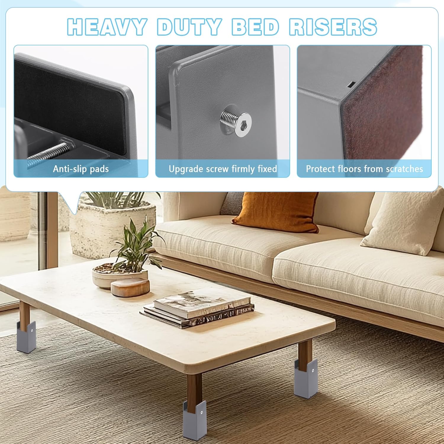 SEISSO Heavy-Duty 4-Piece Bed Risers Adjustable 4 Tall for 1000 lbs