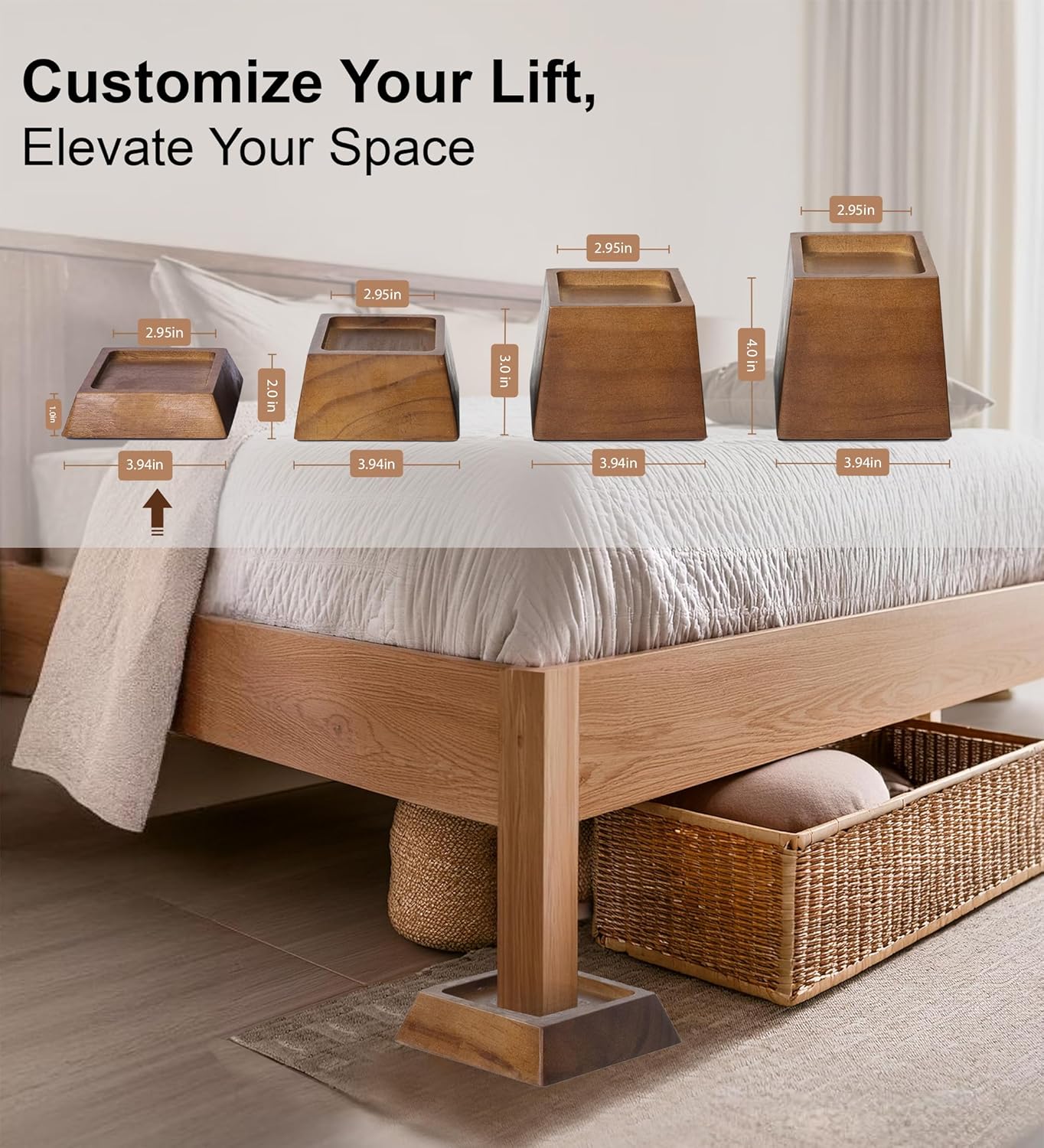 1-Inch Bed Risers for Sofa Desk or Bed Premium Pine Wood Sturdy Stylish 6-Pack