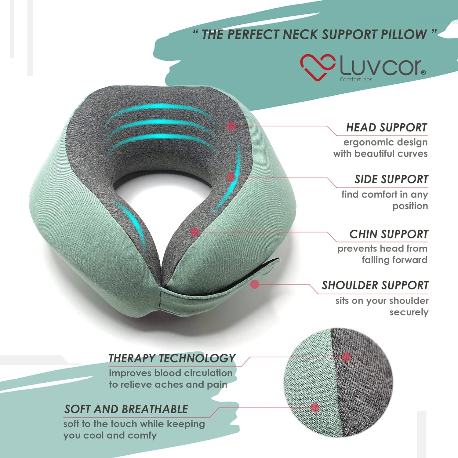 Perfect Memory Foam Travel Neck Pillow - Ergonomic Design Compact Comfortable Imperial Green
