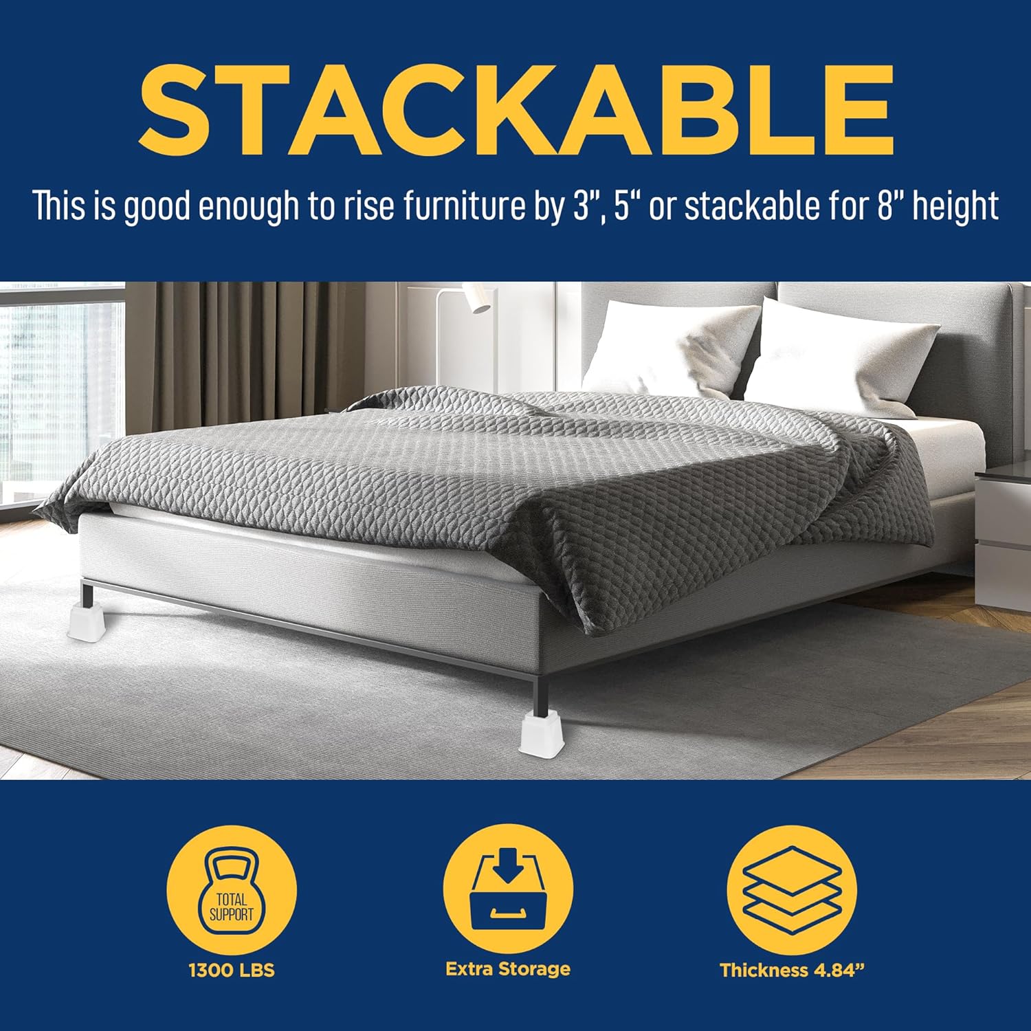 8pcs Bed Risers Set - 35 Inch Adjustable Heavy Duty Furniture Risers for Sofa Couch and Under Bed Storage White